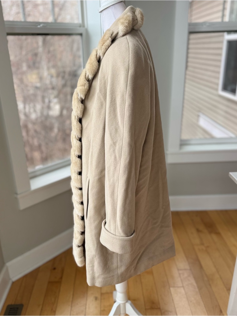 Vintage 60s 70s Albert Nipon Cream Faux Fur Trim Wool Dress Coat Sz XS - Picture 2 of 8